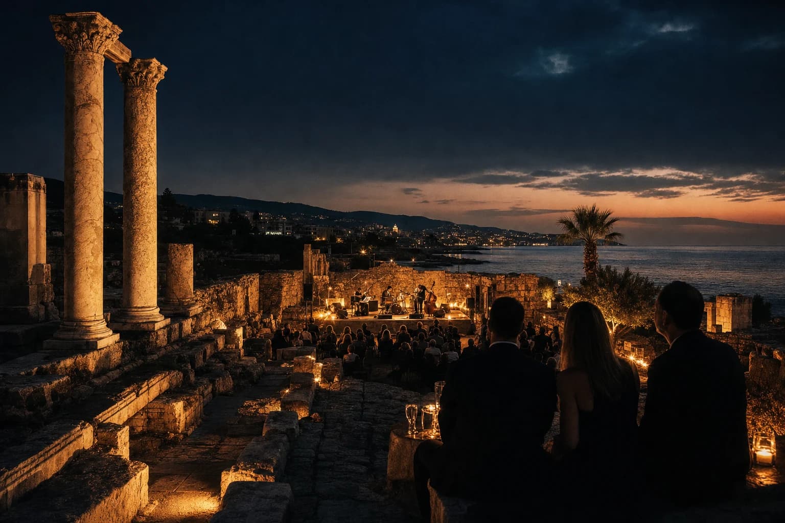 Byblos stone columns and a live performance by the sea at dusk
