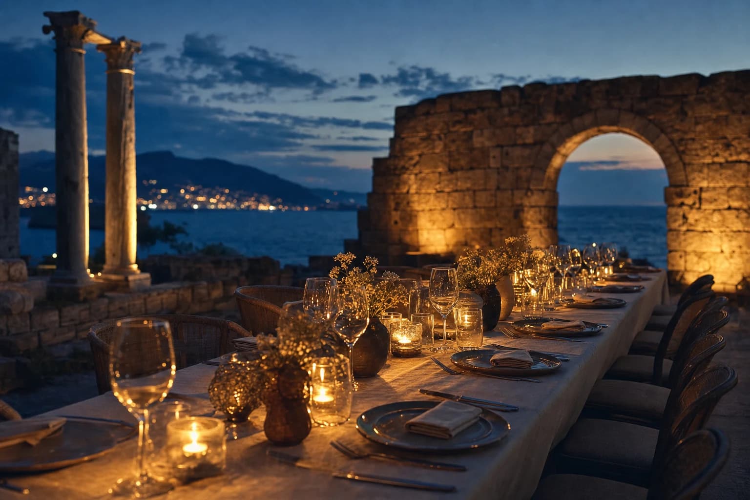 An intimate hospitality table on a Byblos stone terrace at blue hour