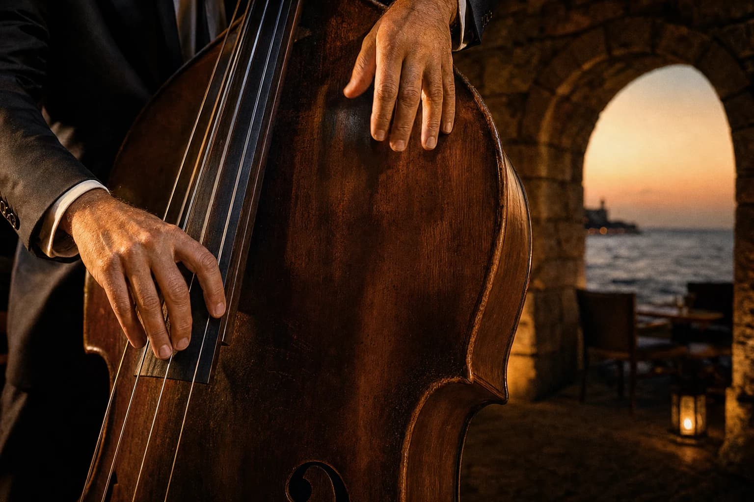 A jazz musician playing double bass in a warm stone venue